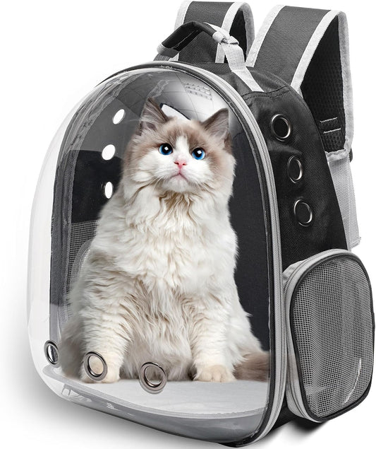Large Cat Backpack Carrier for Travel and Hiking Transparent Pet Bubble Backpack for Cats up to 20Lbs with Ventilation and Padded Straps Mochila Para Gatos Transportadora Mascotas (Black)