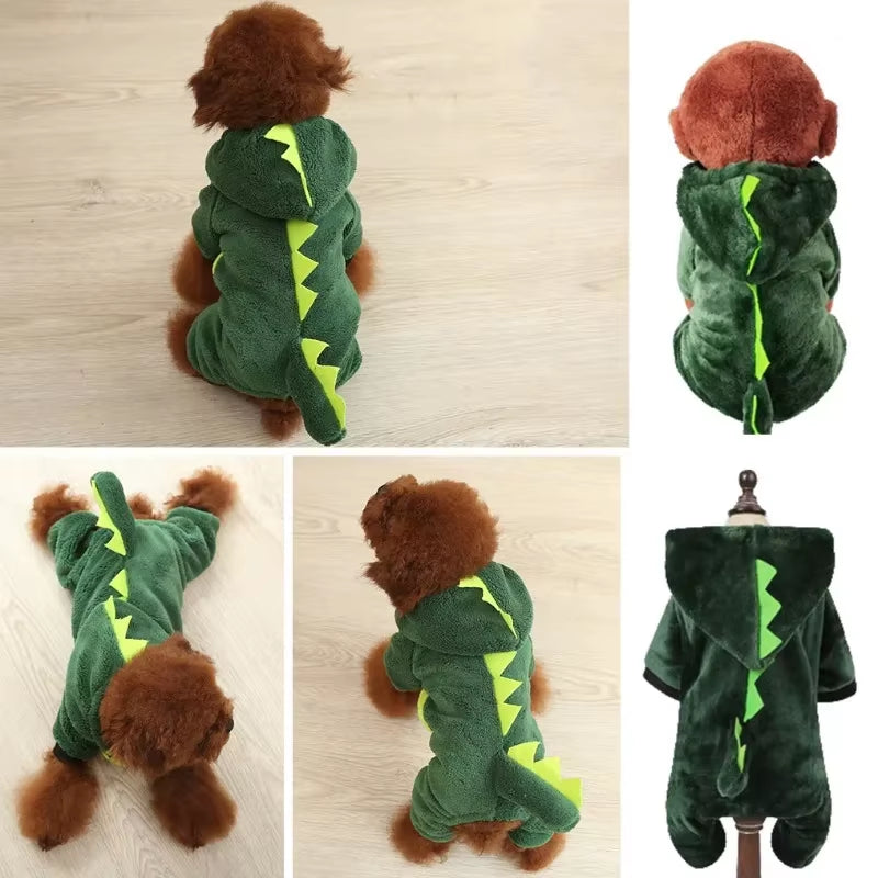Dog Clothing Autumn Winter Thickened Coral Velvet Thermal Insulation Teddy Puppy Clothes Warm Garment Dinosaur Cream Dress Up