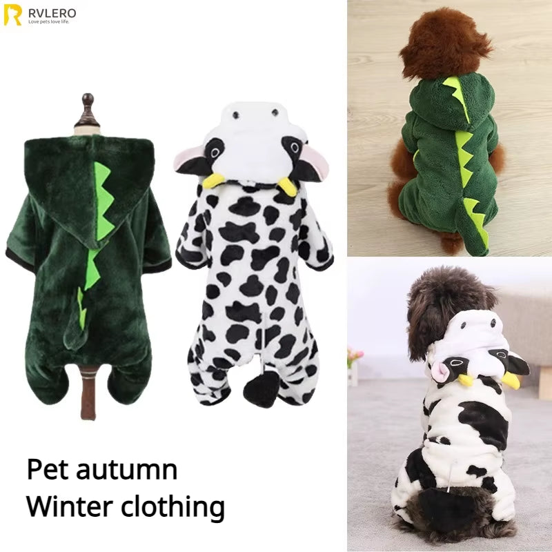 Dog Clothing Autumn Winter Thickened Coral Velvet Thermal Insulation Teddy Puppy Clothes Warm Garment Dinosaur Cream Dress Up